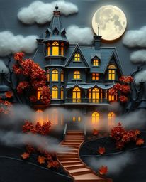 This layered papier-mâché artwork captures the ethereal beauty of a fog-covered Victorian mansion under the glow of moonlight