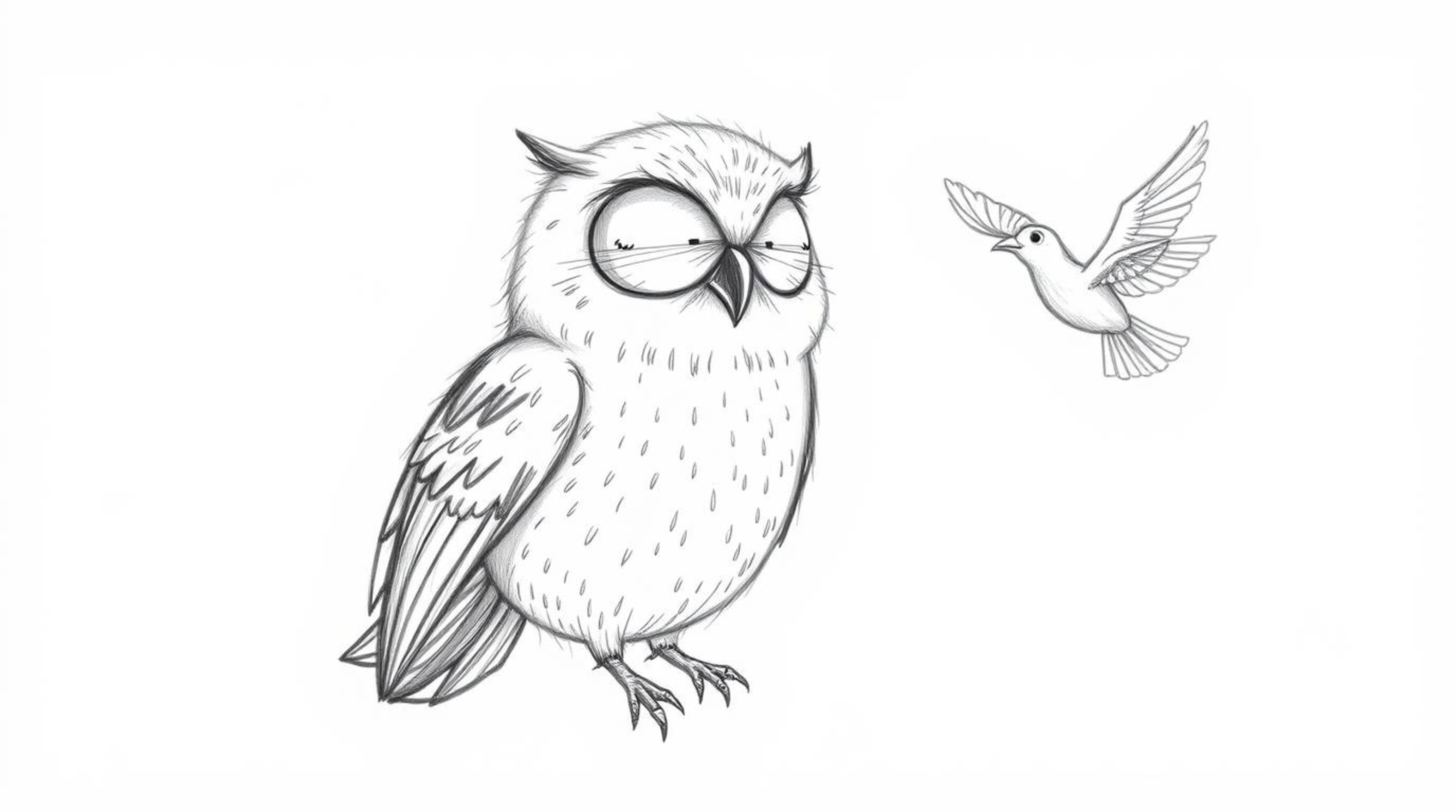 A heartwarming hand-drawn sketch in the style of Pixar depicts a blind owl with soft, downy feathers imparting wisdom and gui