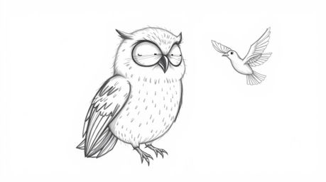 A heartwarming hand-drawn sketch in the style of Pixar depicts a blind owl with soft, downy feathers imparting wisdom and gui