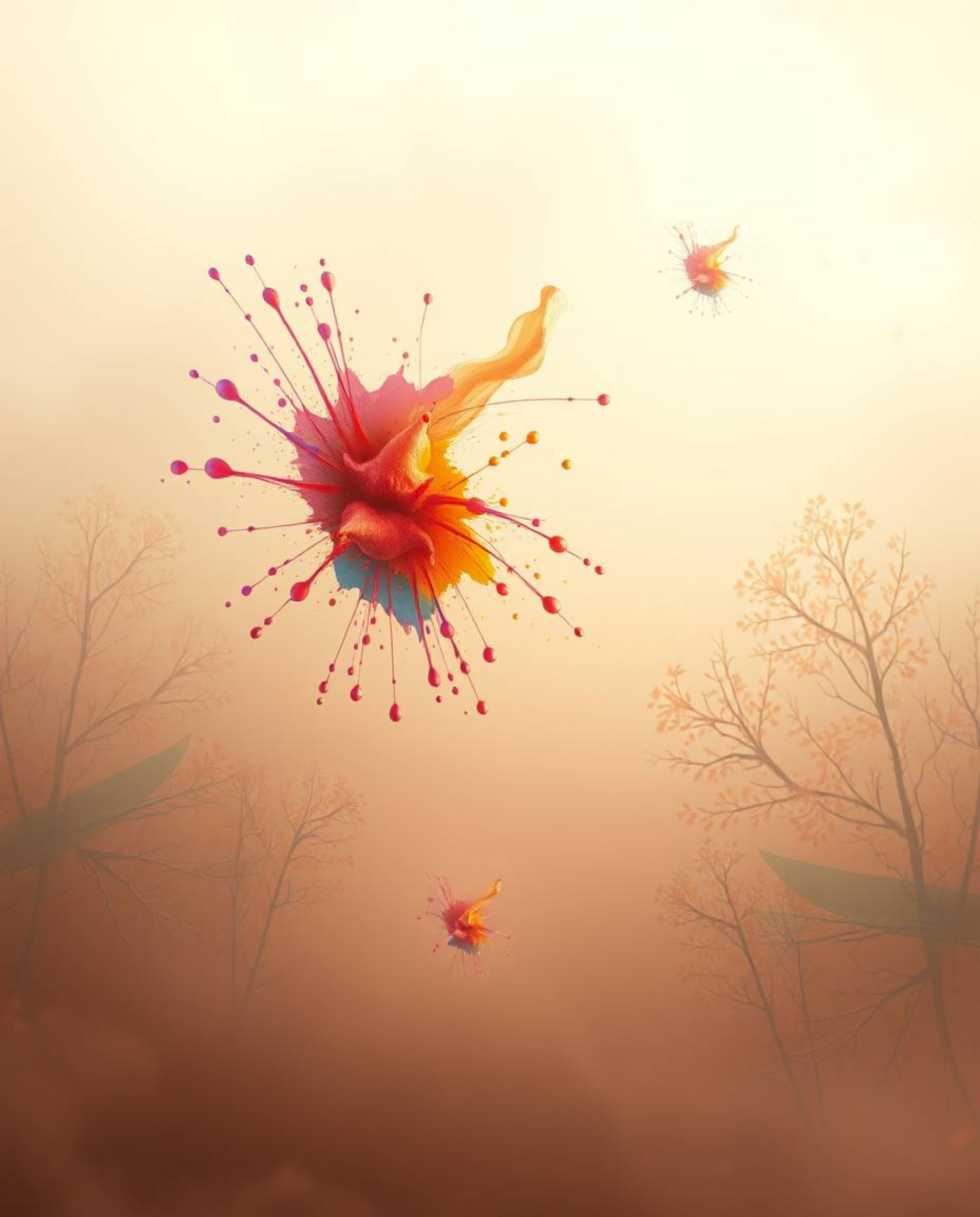 Immerse yourself in a surreal digital artwork featuring warm autumn colors and abstract 3D splash shapes floating in a thick,