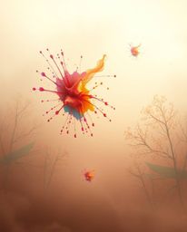 Immerse yourself in a surreal digital artwork featuring warm autumn colors and abstract 3D splash shapes floating in a thick,