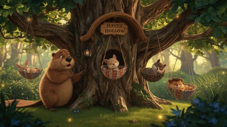 A high-resolution, commercially licensable stock photo depicts a Pixar-inspired beaver building an intricately designed, whim