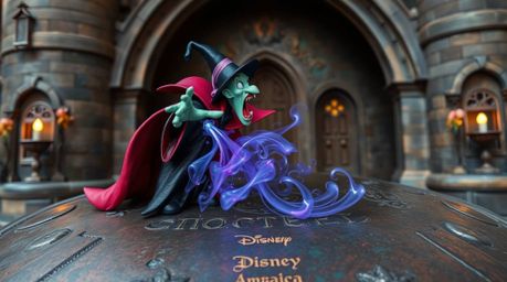 A captivating image featuring a classic Disney villain casting a spell within the walls of an ancient castle. The scene is r