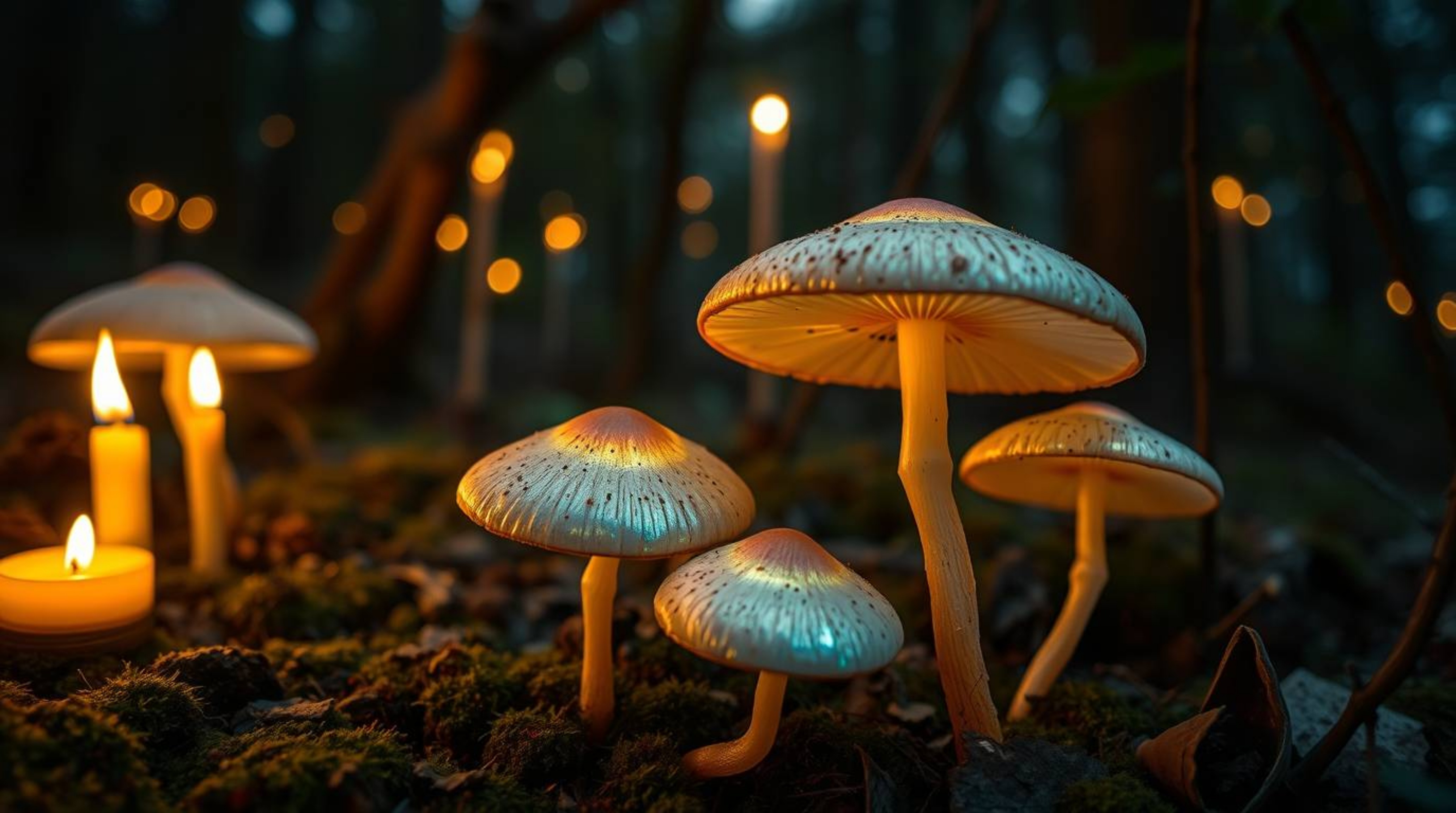Capture the magic of an enchanted forest with this long-exposure photograph featuring iridescent, glowing mushrooms. Bathed i