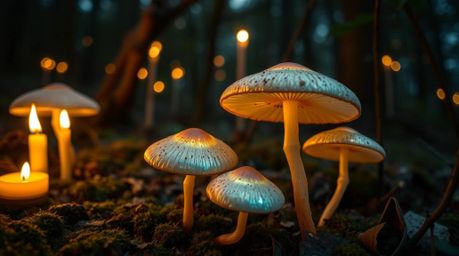 Capture the magic of an enchanted forest with this long-exposure photograph featuring iridescent, glowing mushrooms. Bathed i