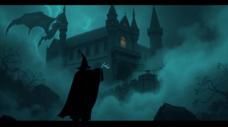 A captivating scene unfolds: a classic Disney villain, shrouded in thick fog within an ancient castle, casts a powerful spell