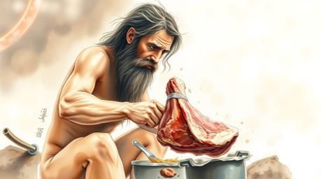 This delicate watercolor painting captures a caveman in the flow state, skillfully cooking mammoth meat. Featuring a beautifu