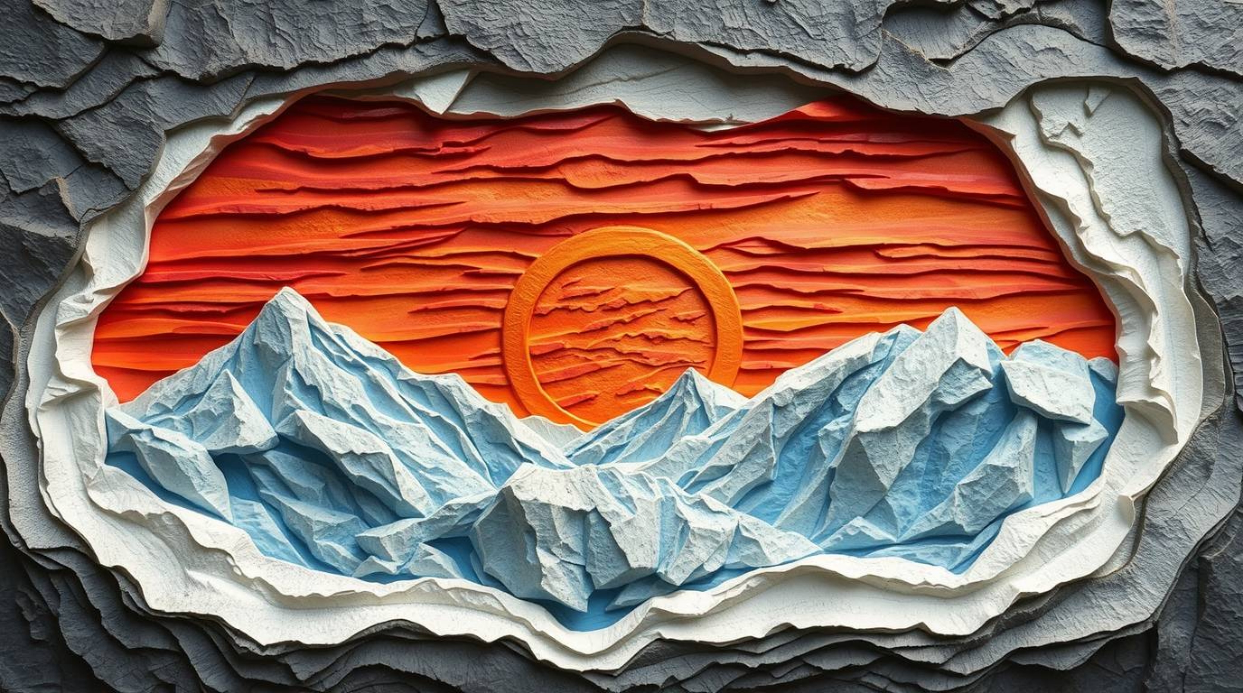 This sculpted papier-mâché artwork captures the rugged beauty of a sunset over icy polar glaciers. The textured layers depict