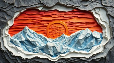 This sculpted papier-mâché artwork captures the rugged beauty of a sunset over icy polar glaciers. The textured layers depict