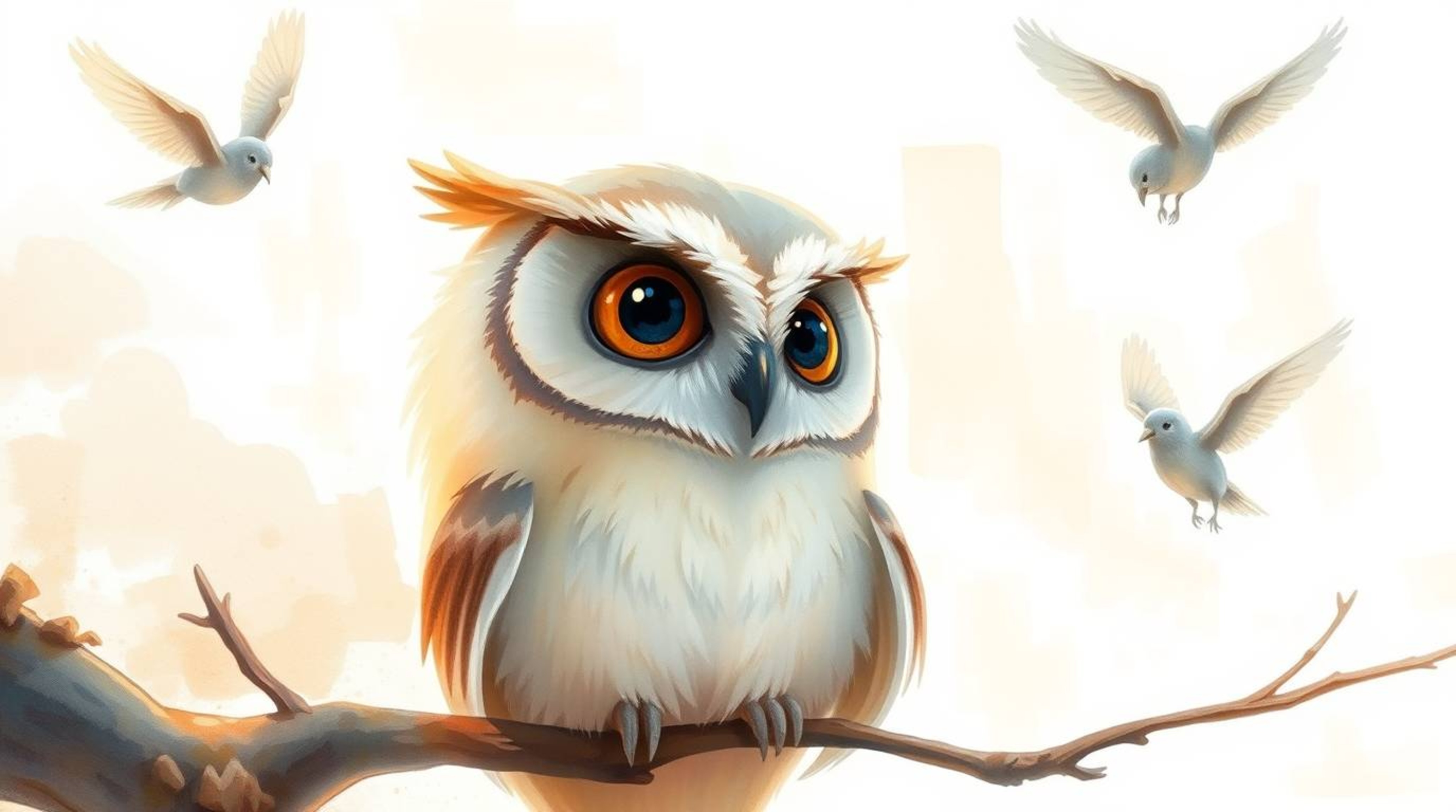 This artwork depicts a delicate watercolor painting in the style of Pixar, showcasing a blind owl with soft, subtle features 