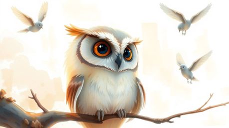 This artwork depicts a delicate watercolor painting in the style of Pixar, showcasing a blind owl with soft, subtle features 