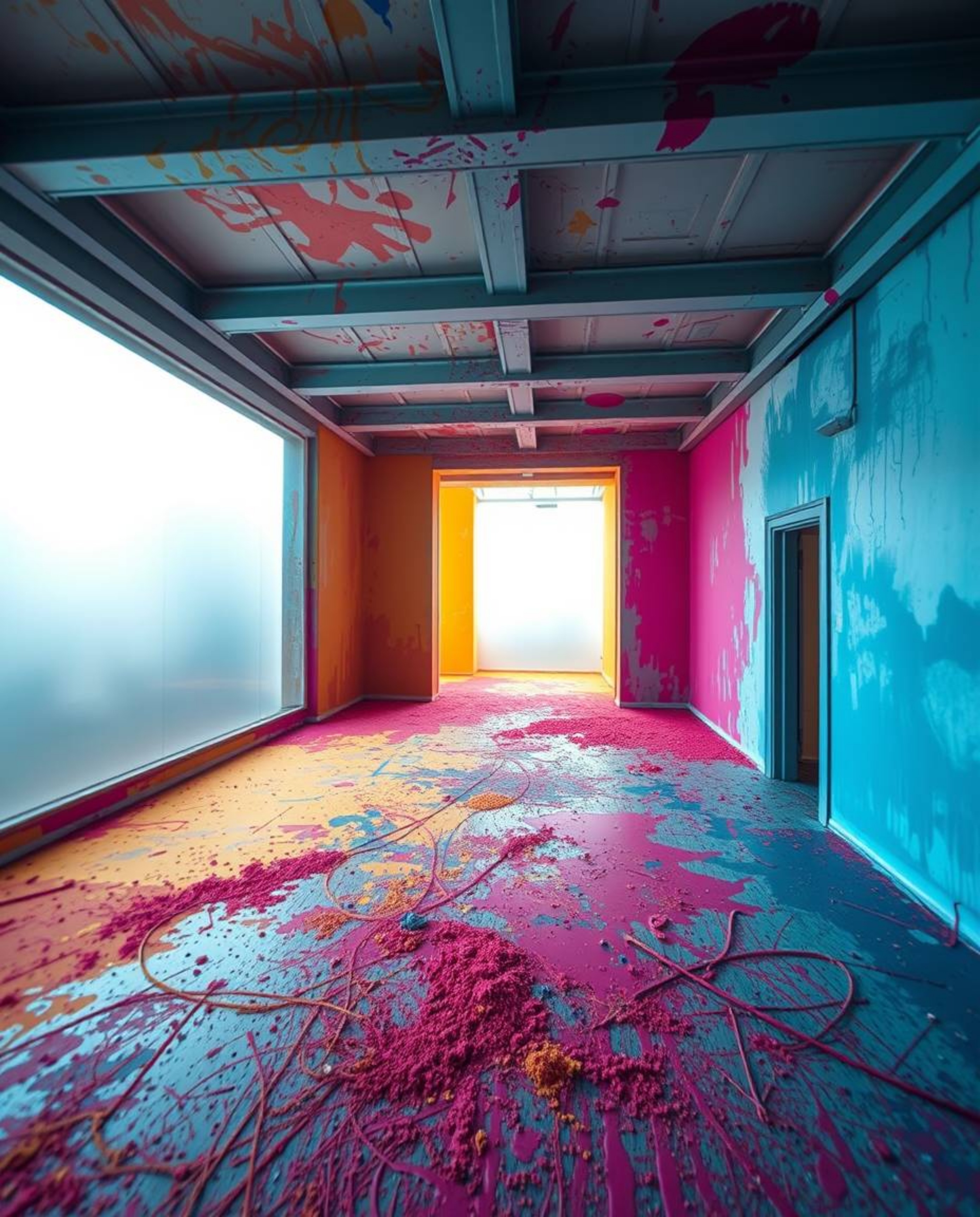 Explore stunning architectural color photography capturing a room exploding with paint. This wide-angle view emphasizes sharp