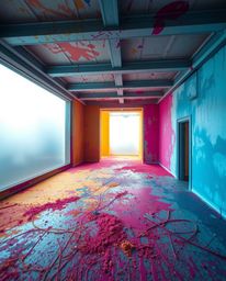 Explore stunning architectural color photography capturing a room exploding with paint. This wide-angle view emphasizes sharp