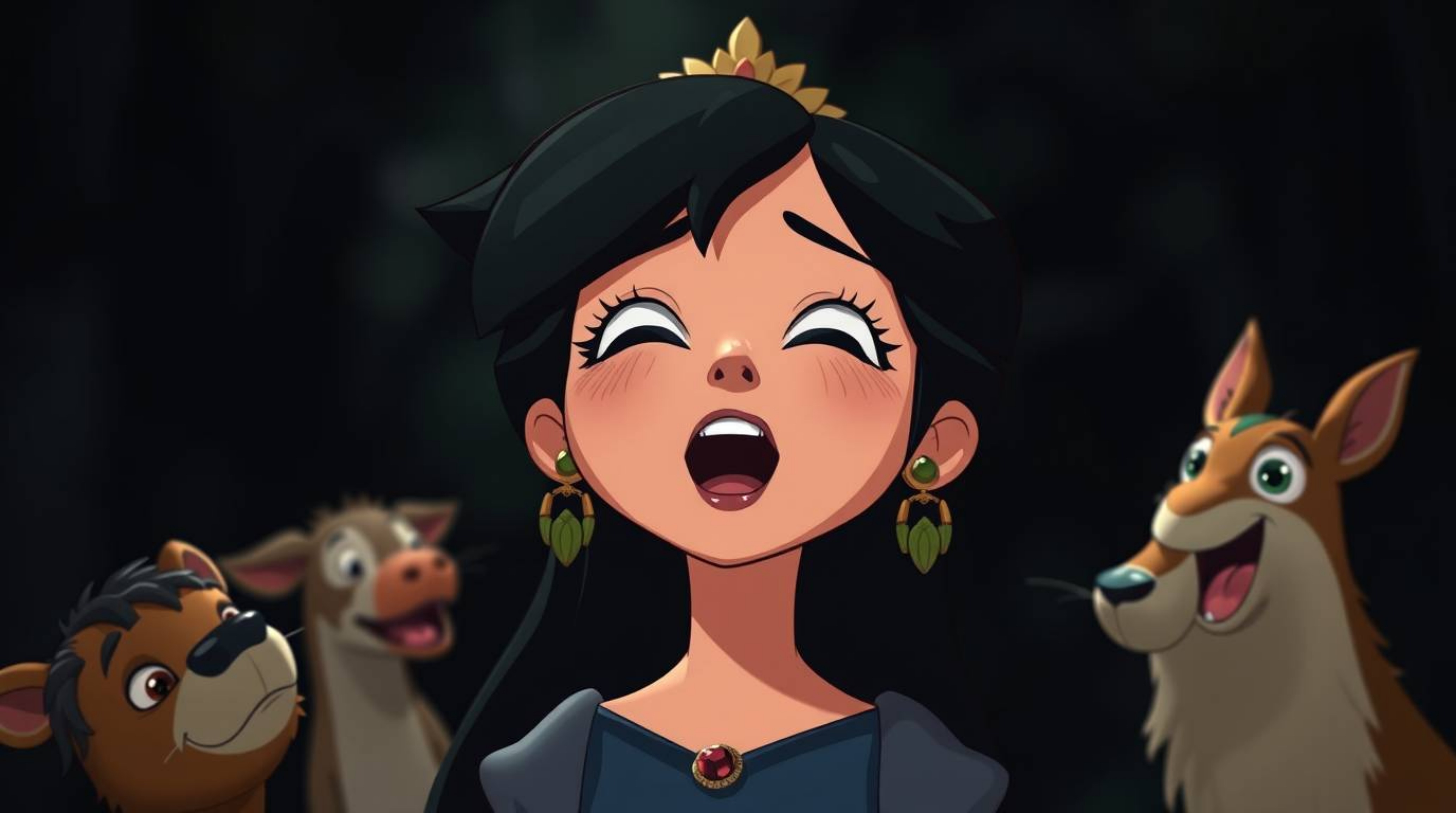 A captivating vintage 2D animation depicts a princess with striking features and dark hair, harmoniously singing alongside fo