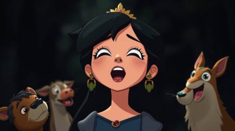 A captivating vintage 2D animation depicts a princess with striking features and dark hair, harmoniously singing alongside fo