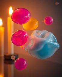 A captivating long-exposure photograph reveals floating 3D blobs of fluid jelly, bursting with vibrant colors and exhibiting 