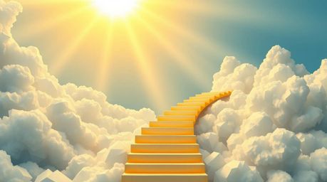 An ethereal illustration depicts a graceful golden staircase ascending through clouds towards a glowing heavenly realm. Sunli