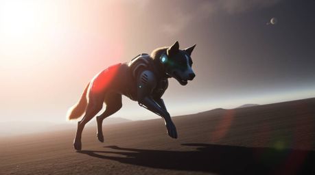 Imagine a grand, epic scene of a futuristic dog walking itself in the vast expanse of space. This heroic image is bathed in v