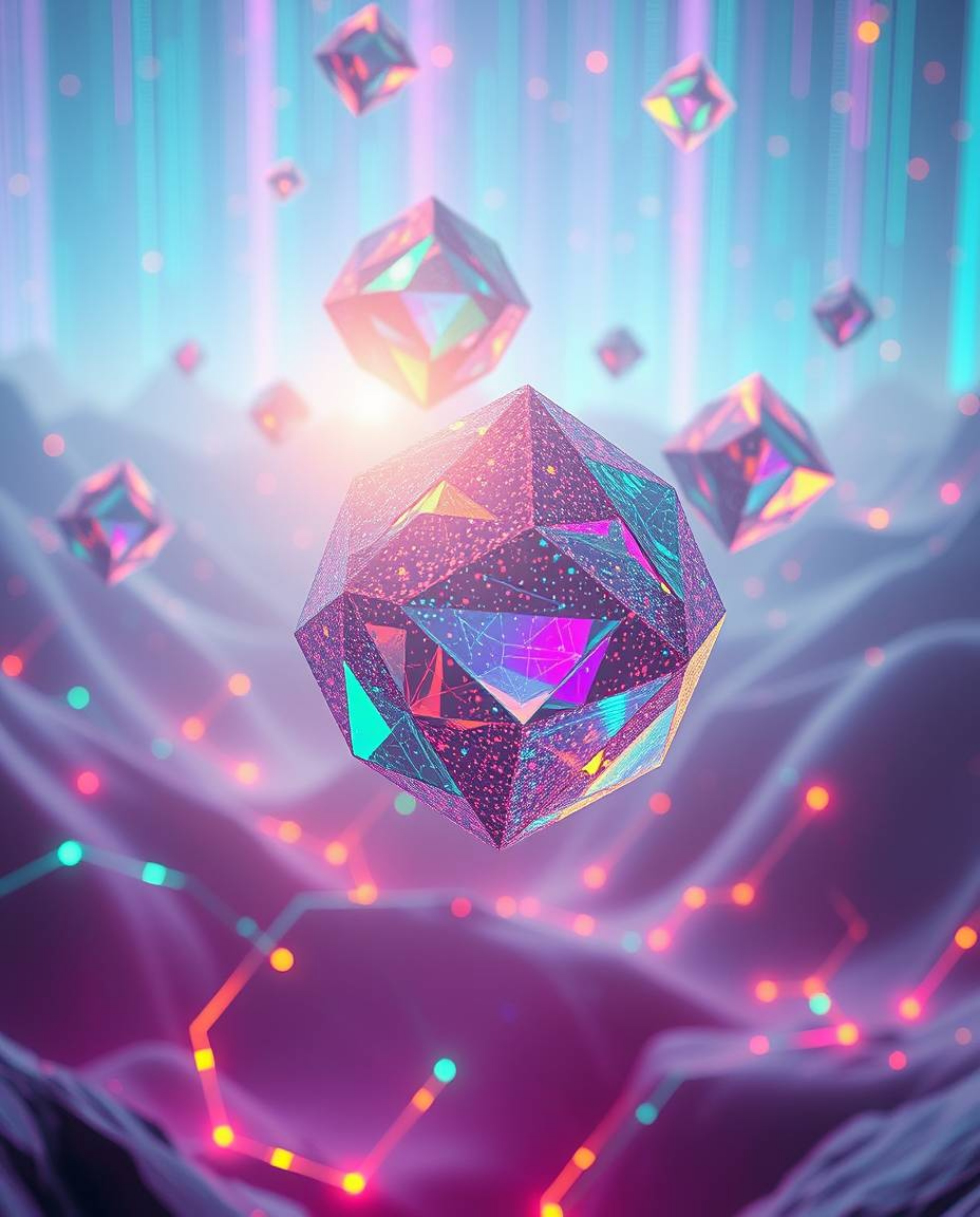 Experience the ethereal beauty of glitched geometric shapes floating in a mystic cyberspace.  This mesmerizing artwork evokes