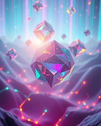 Experience the ethereal beauty of glitched geometric shapes floating in a mystic cyberspace.  This mesmerizing artwork evokes