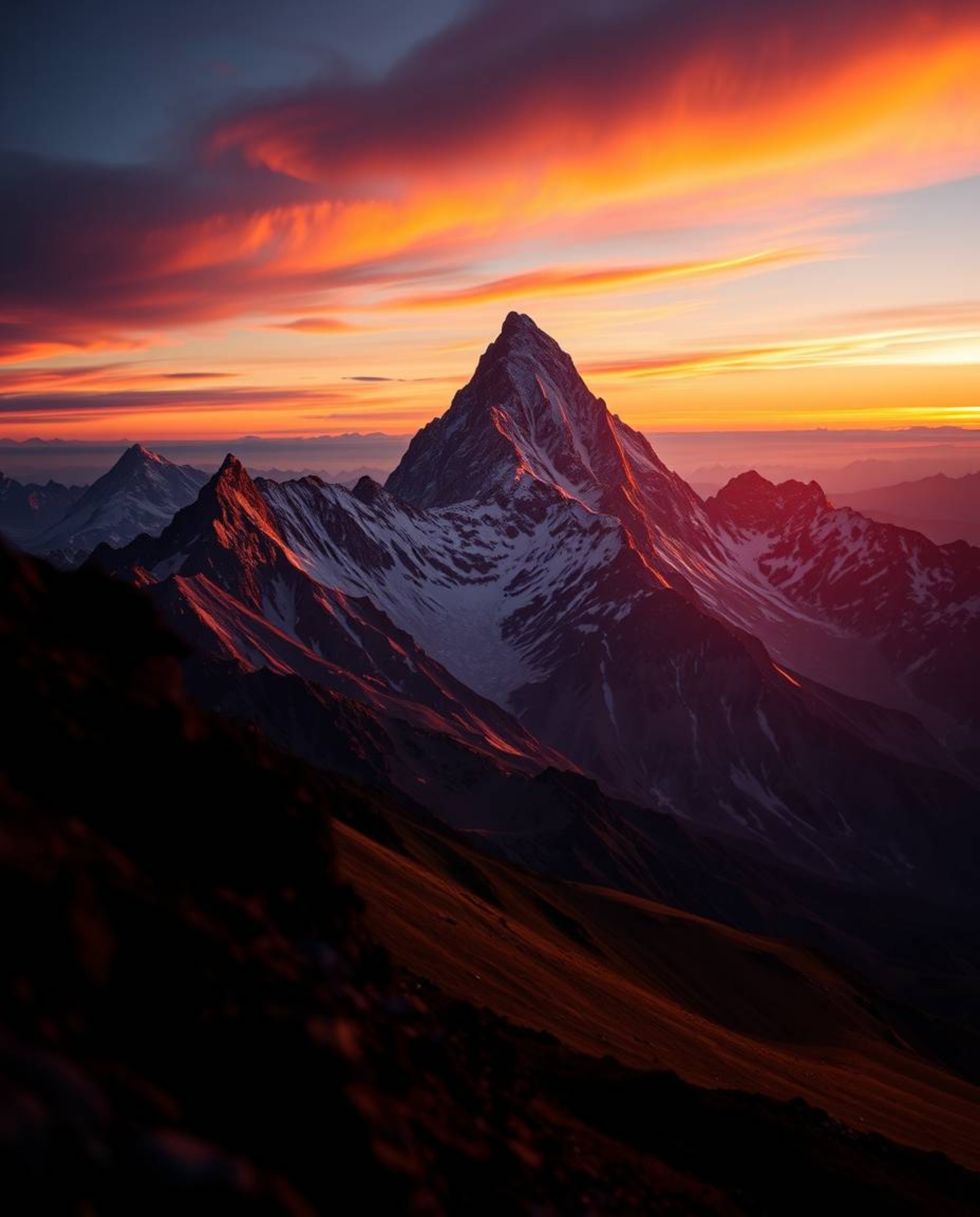 This is a striking depiction of a high alpine peak sunset, rendered in dazzling iridescent colors. The image employs high-con