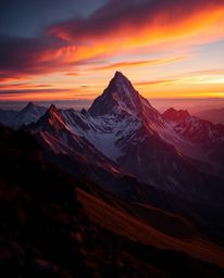 This is a striking depiction of a high alpine peak sunset, rendered in dazzling iridescent colors. The image employs high-con