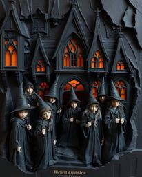 A sculpted and textured papier-mâché artwork depicting a magical school teeming with young wizards. This elegant and graceful