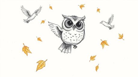 A heartwarming scene depicts a blind owl with large, kind eyes, rendered in a hand-drawn, Pixar-inspired style, as it guides 