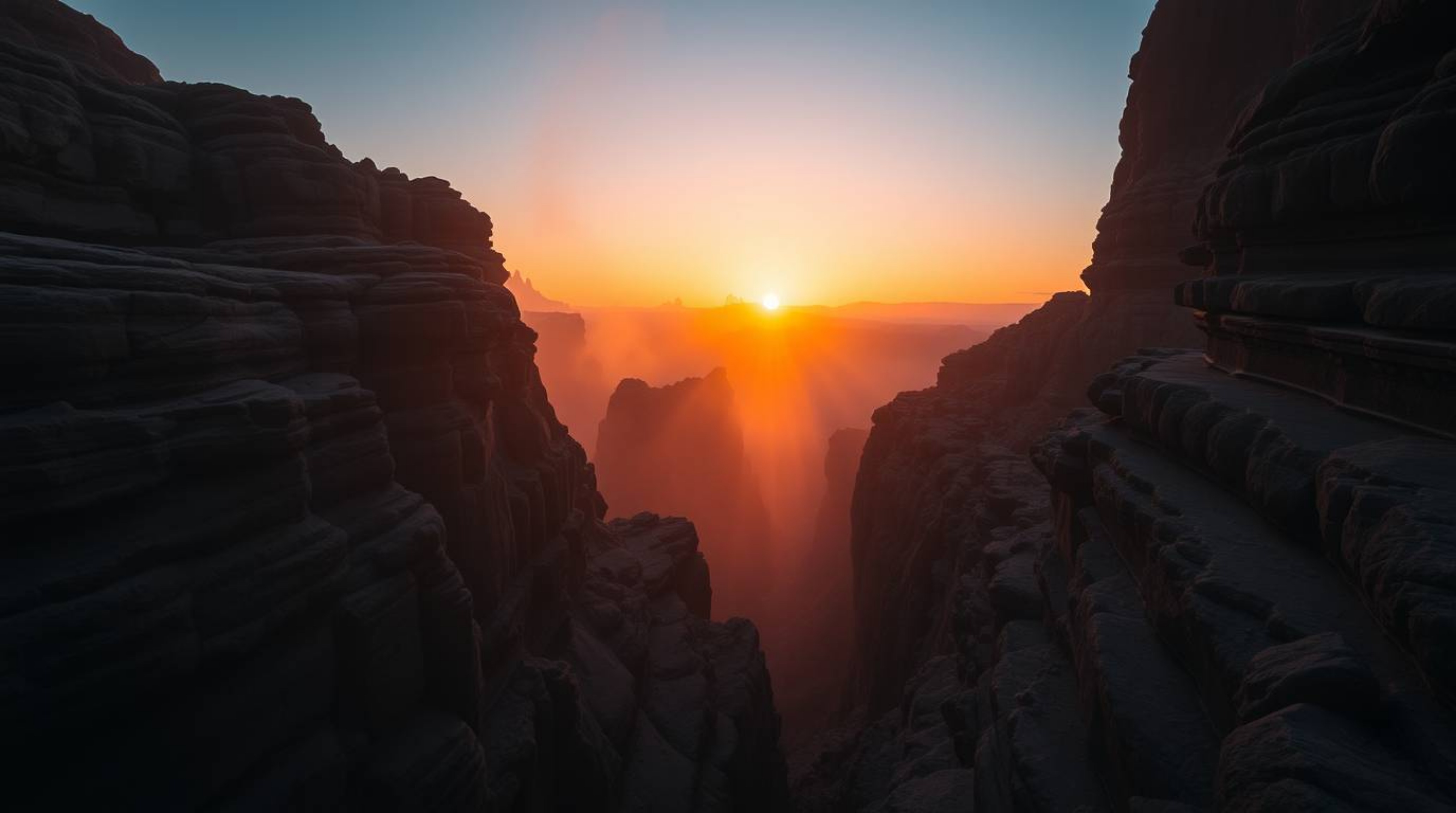 Experience the magic of a rocky canyon bathed in the warm hues of sunset.  Volumetric lighting creates a mystical atmosphere,