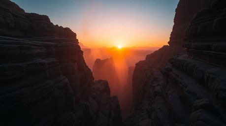 Experience the magic of a rocky canyon bathed in the warm hues of sunset.  Volumetric lighting creates a mystical atmosphere,