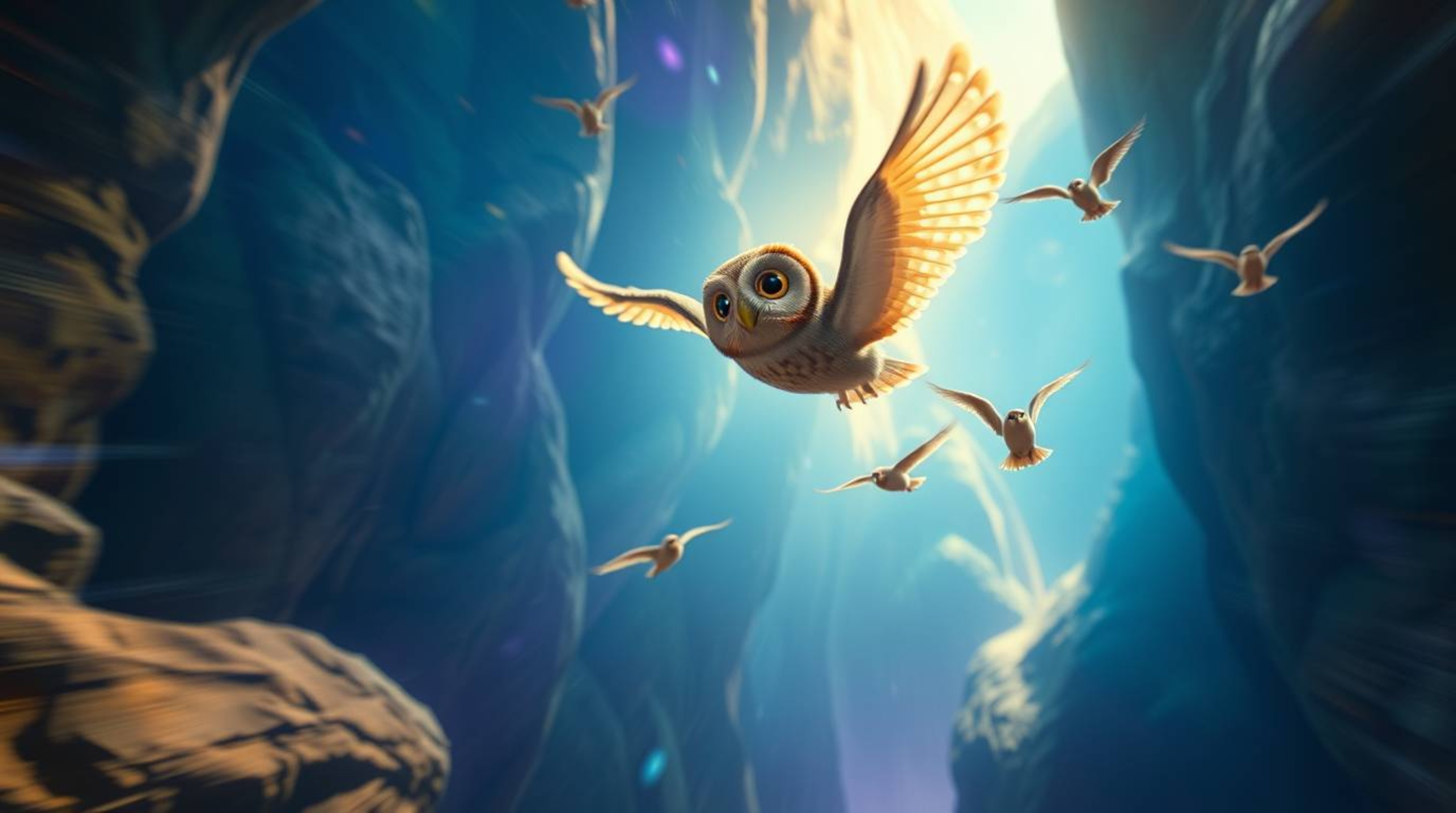 A stunning long-exposure photograph, created in a heartwarming Pixar style, captures a blind owl with soft, expressive featur
