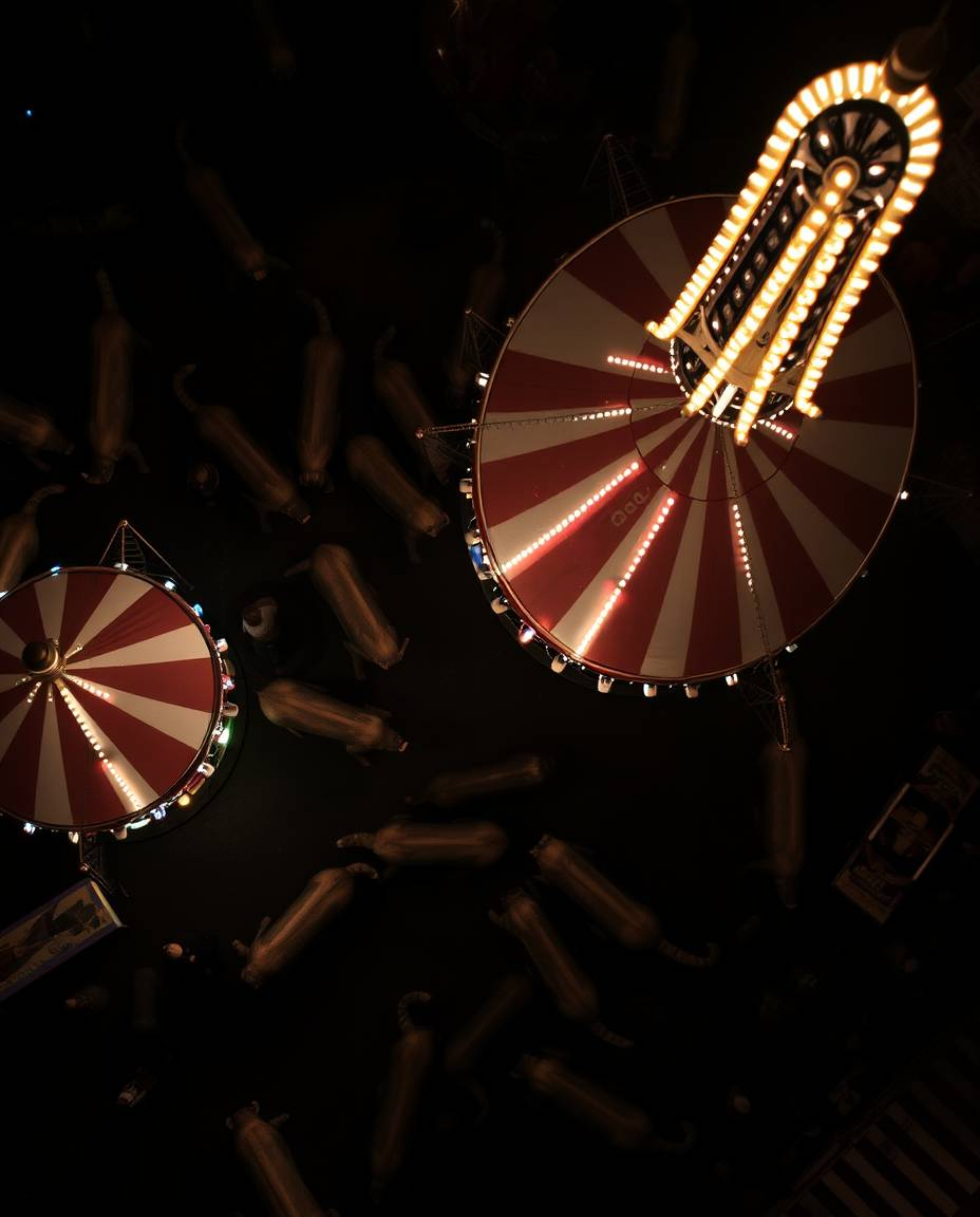 Experience a thrilling and dramatic spectacle with an overhead bird's-eye view of a carnival overtaken by wild animals. The i