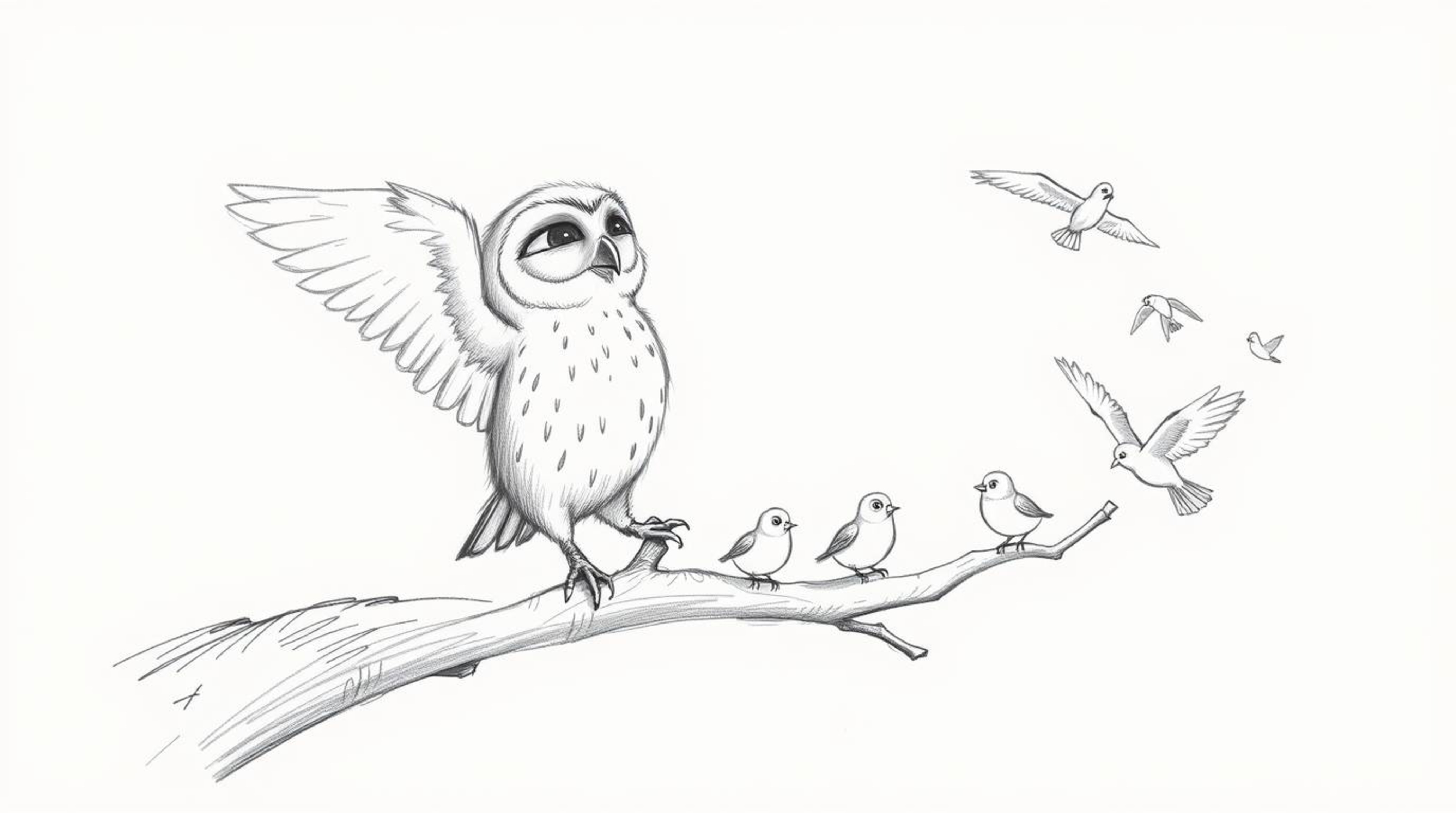 A heartwarming hand-drawn sketch, envisioned in the charming style of Pixar, portrays a blind owl with delicate, feathery plu