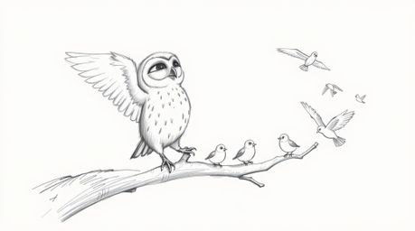 A heartwarming hand-drawn sketch, envisioned in the charming style of Pixar, portrays a blind owl with delicate, feathery plu