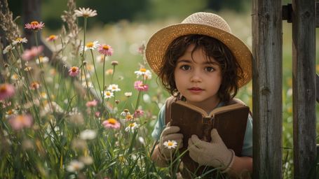 A highly detailed, high-resolution stock photo shows a gentle-looking young homeschooler with a straw hat and gardening glove
