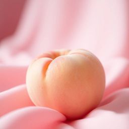A high-resolution close-up capturing a soft, blushing pink peach resting on silky pastel pink fabric with delicate fuzzy text