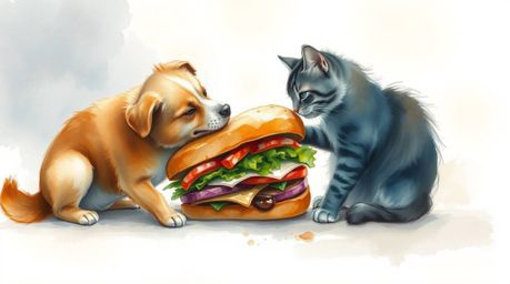 This artwork features a delicate watercolor painting depicting a charming yet chaotic scene of a dog and cat locked in a play