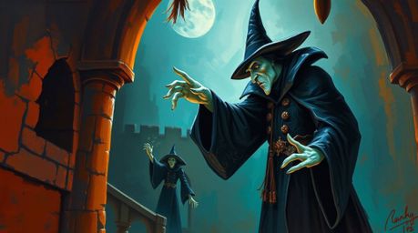 A captivating oil painting depicts a classic Disney villain casting a spell within the aged walls of an old castle.  Warm ter