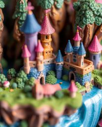 Immerse yourself in a breathtaking extreme macro close-up of a vibrant fantasy kingdom. Floating islands adorned with majest