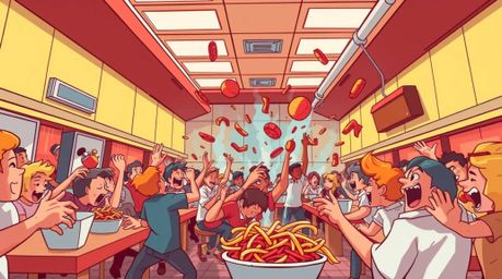 Capture the energy of a wild food fight with this vibrant, wide-angle photograph of a chaotic cartoon cafeteria.  Featuring s