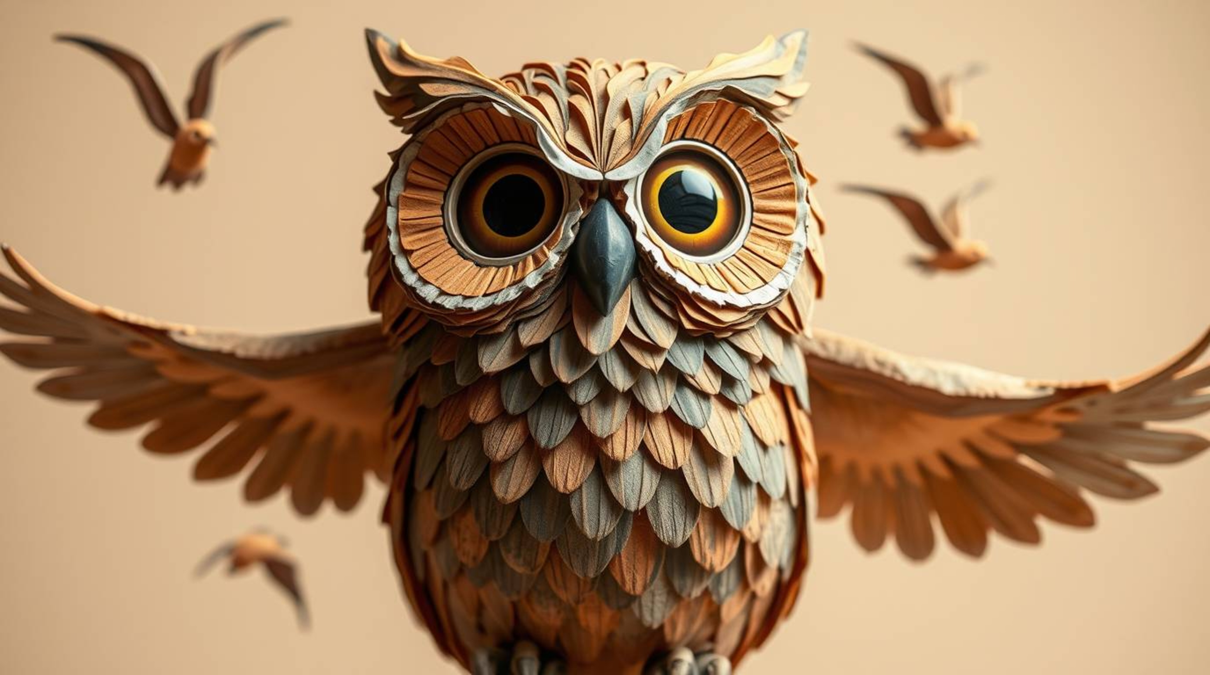 A layered papier-mâché sculpture depicts a blind owl, rendered in a Pixar-inspired style, encouraging birds to take flight.  