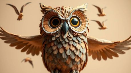 A layered papier-mâché sculpture depicts a blind owl, rendered in a Pixar-inspired style, encouraging birds to take flight.  