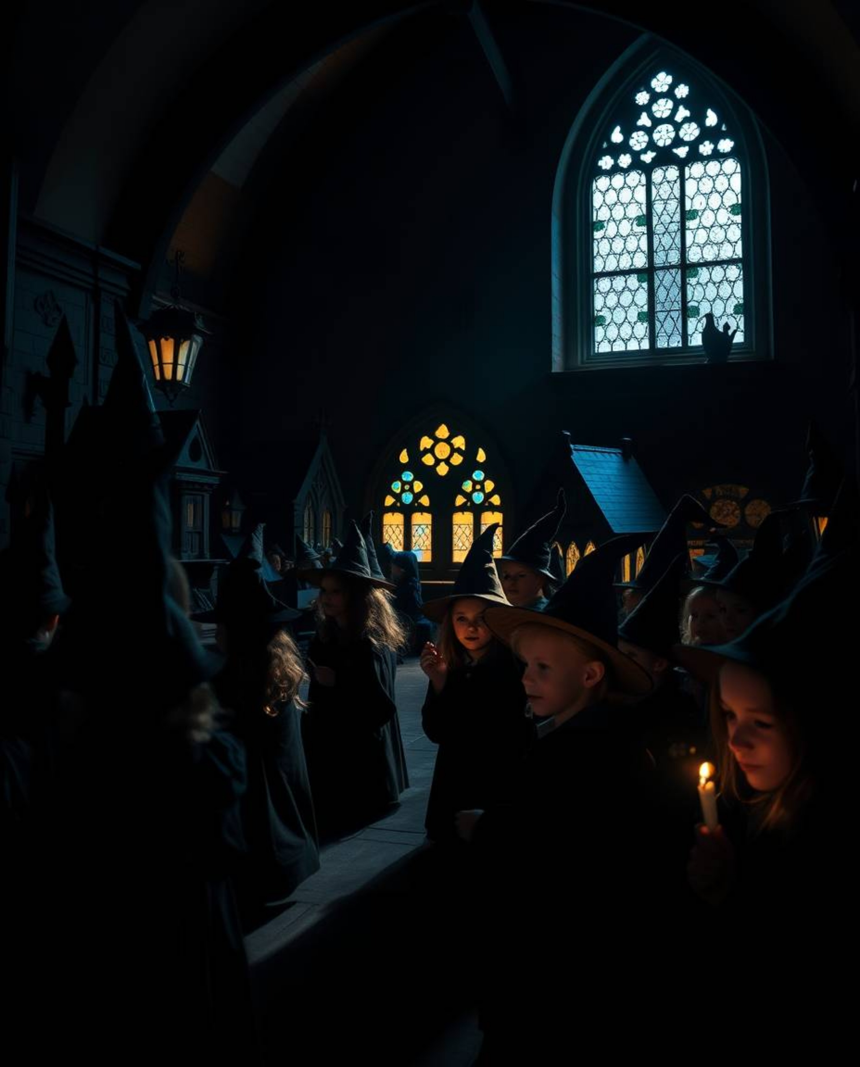 Discover a captivating high-contrast photograph of a magical school brimming with young, charming wizards. The low-key light