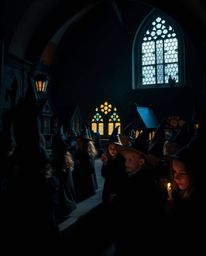 Discover a captivating high-contrast photograph of a magical school brimming with young, charming wizards. The low-key light
