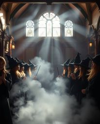 Capture the enchantment of a magical school filled with young wizards in this high-resolution stock photo. Volumetric lighti