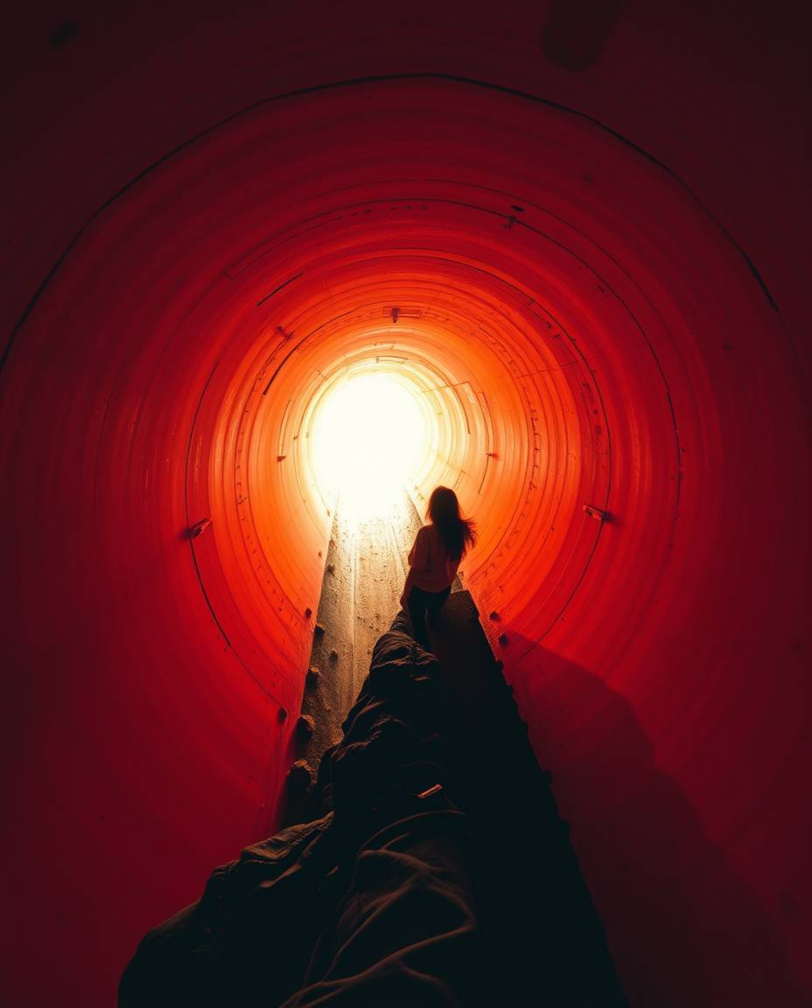 A captivating image featuring a person standing at the edge of a tunnel, bathed in warm reds, oranges, and yellows, gazing to