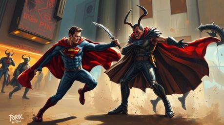 An epic scene rendered in the style of a classic oil painting, showcasing a superhero with a cape engaged in combat with a si