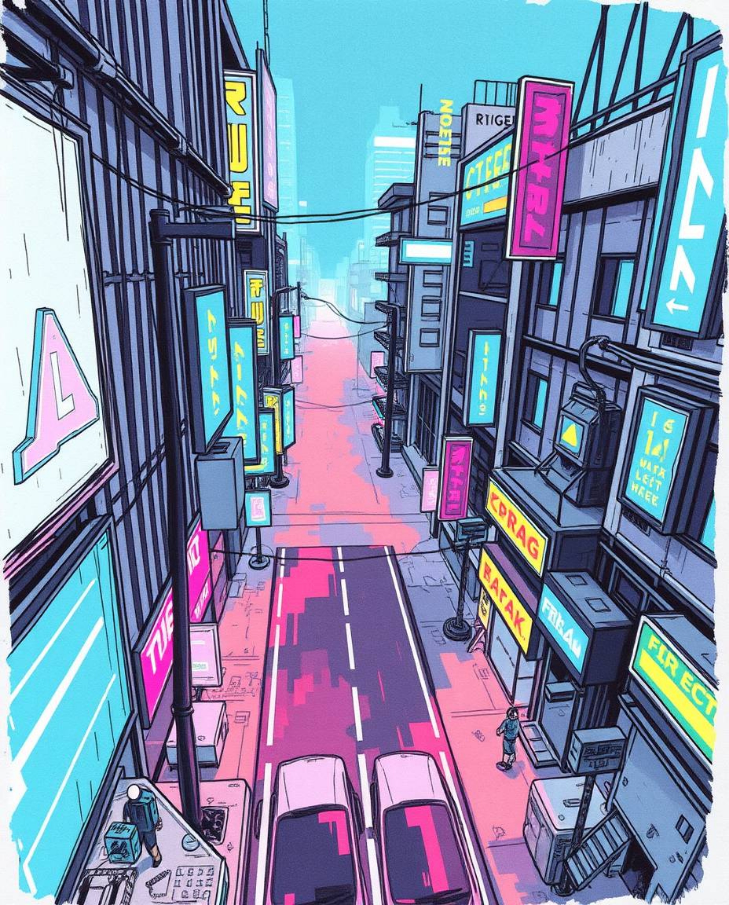 Explore a vibrant, high-angle, hand-drawn color sketchnote capturing a pixelated glitch image of a cyberpunk street. The scen