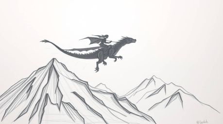 A captivating hand-drawn sketch depicts a silhouetted dragon and its rider soaring majestically above a breathtaking landscap