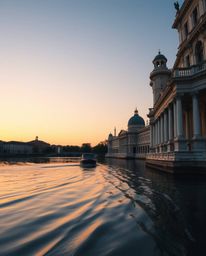 A boat drifting on a lake at sunset is captured in the style of precise architectural color photography. The image is charact